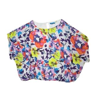 Alice + Olivia 100% Silk Floral Watercolor Blouse Abstract Dolman Short Sleeve M